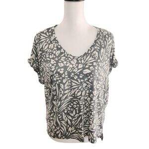 Nicole Miller New York 100% Linen V Neck S/Sleeve TShirt Top Gray White Print XL